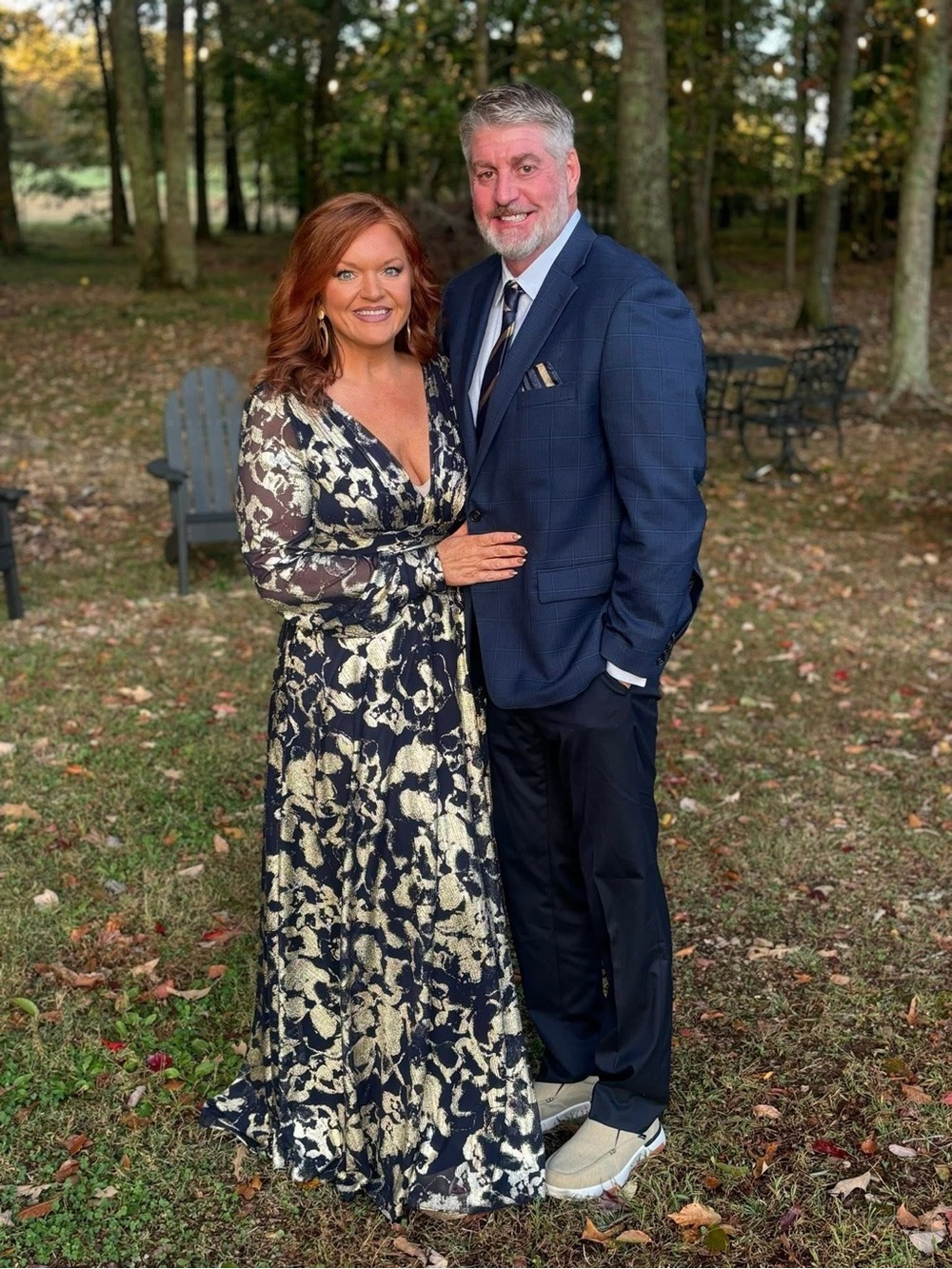 Betsy & Adam Navy and Gold Floral Metallic V-Neck A-Line Gown - Picture 5 of 5
